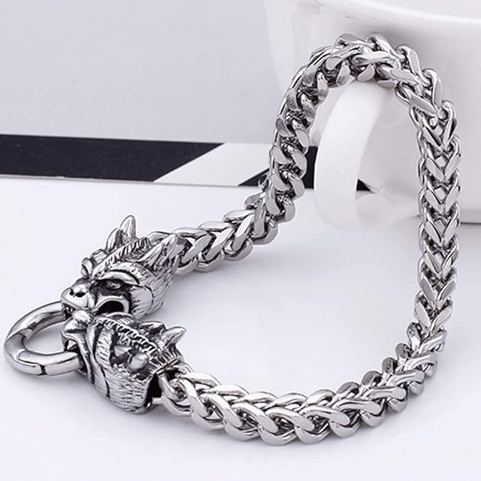 Rockyu ブレスレット メンズ ドラゴンモチーフ 二層チェーン シルバー ステンレス製