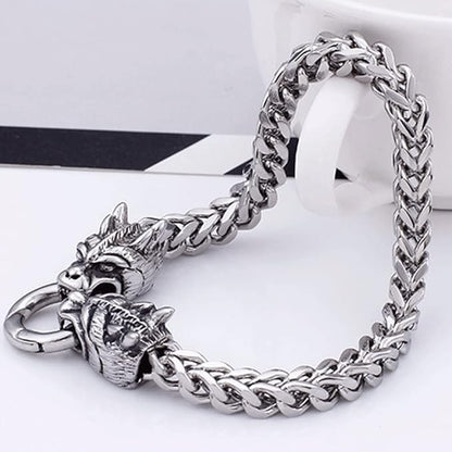 Rockyu ブレスレット メンズ ドラゴンモチーフ 二層チェーン シルバー ステンレス製