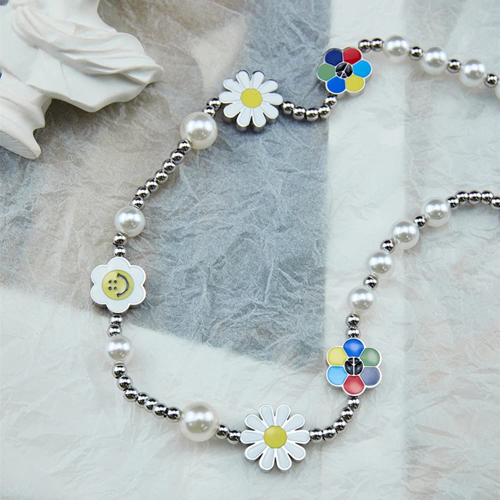 Rockyu ネックレス メンズ ホワイト｜スマイル×パール×花モチーフ 真珠風デザイン チタンチェーン