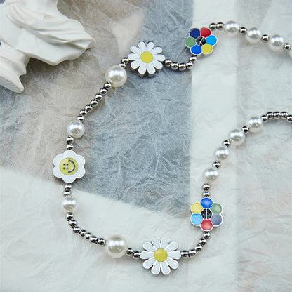 Rockyu ネックレス メンズ ホワイト｜スマイル×パール×花モチーフ 真珠風デザイン チタンチェーン