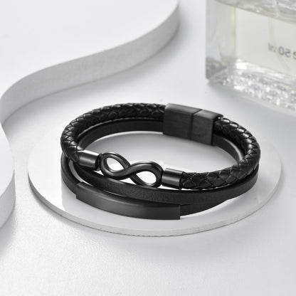 Rockyu ブレスレット メンズ 無限シンボル 8字モチーフ 編み込みレザー ステンレス ブラック シンプル おしゃれ カジュアル ギフト