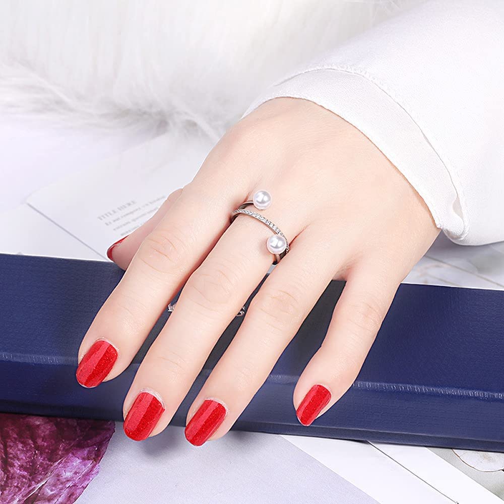 Rockyu シルバーリング 2粒パール＆ジルコニア レディース フリーサイズ指輪