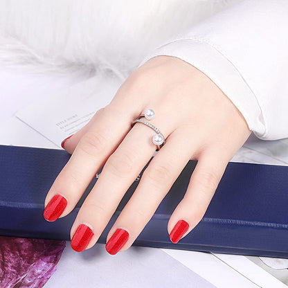 Rockyu シルバーリング 2粒パール＆ジルコニア レディース フリーサイズ指輪