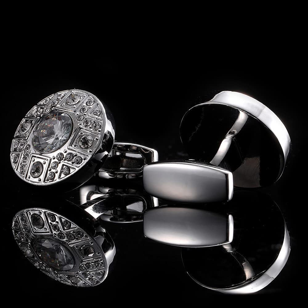 Rockyu カフスボタン メンズ おしゃれ シルバー ラウンド 大粒ジルコニア カフリンクス