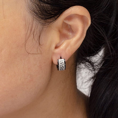 Rockyu ピアス メンズ ステンレス ブラック フープピアス 幾何学模様 幅広 リング 金属アレルギー対応