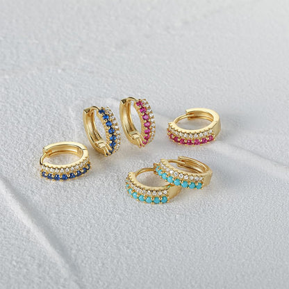 Rockyu レディース フープピアス シルバー925 ジルコニア 二連 ゴールドカラー レッド／ブルー／ターコイズ