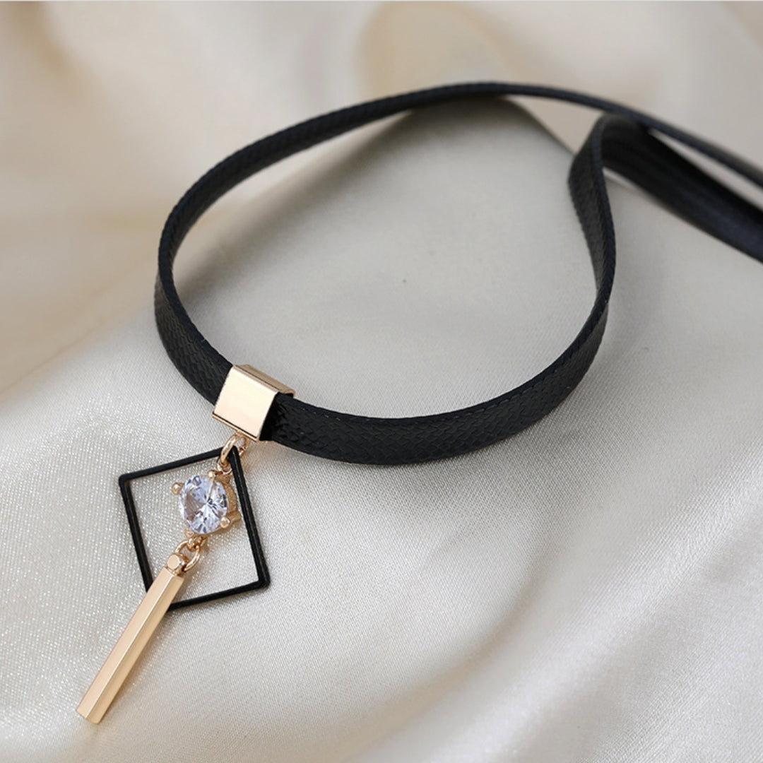 Rockyu レディース チョーカー 黒 レザー ジルコニア ネックレス