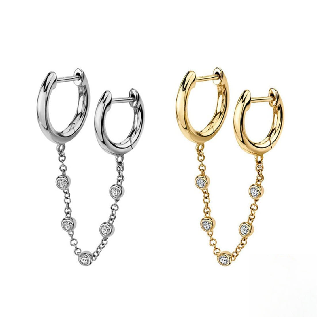 Rockyu ピアス レディース ダブルリングチェーン ジルコニア シルバー925 金属アレルギー対応