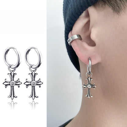 Rockyu クロスフープピアス シルバー ジルコニア 十字架デザイン メンズ レディース 金属アレルギー対応