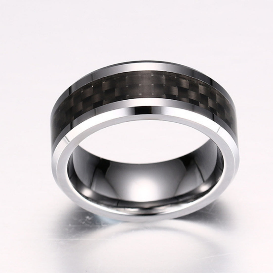 Rockyu タングステンカーバイド メンズリング 8mm幅 カーボンファイバー シンプル 指輪（ブラック／シルバー／ブルー）