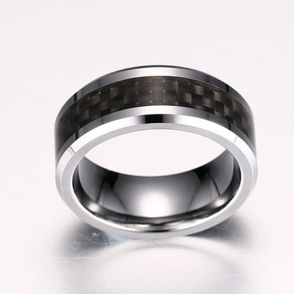 Rockyu タングステンカーバイド メンズリング 8mm幅 カーボンファイバー シンプル 指輪（ブラック／シルバー／ブルー）