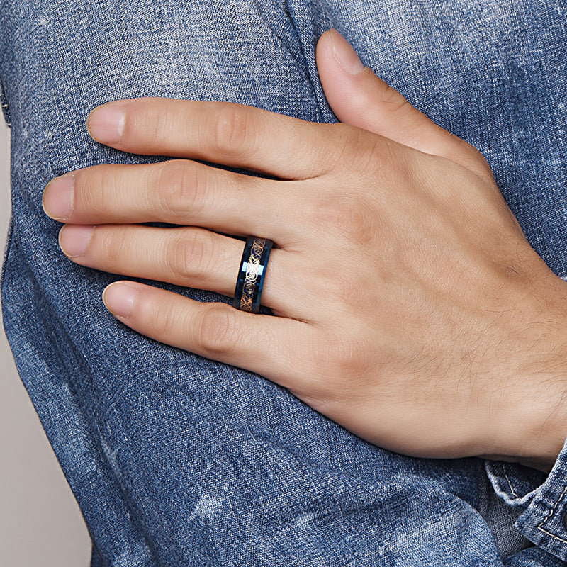 Rockyu タングステン リング メンズ 指輪 ゴールド龍紋×ブルーカーボン 8mm