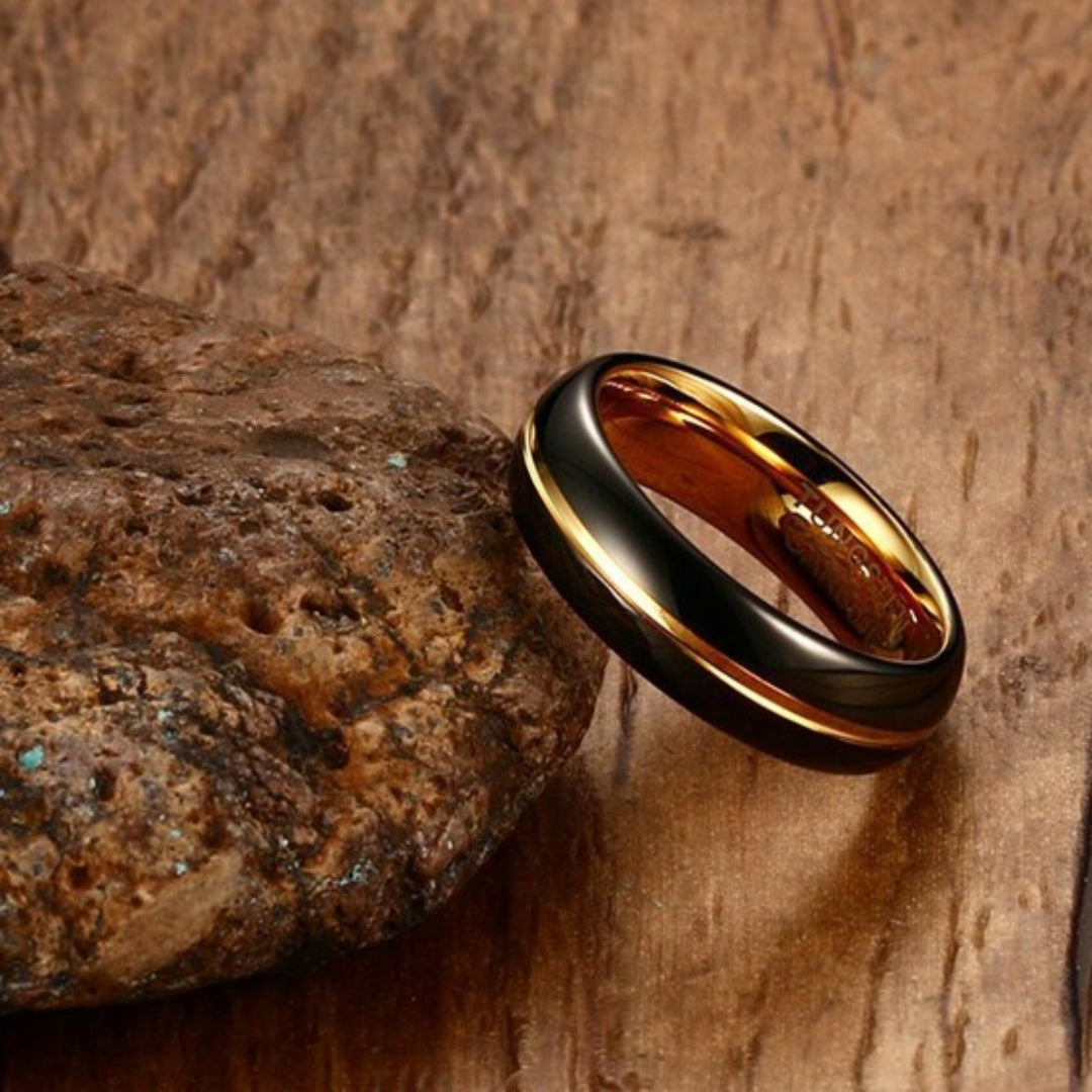 Rockyu タングステンリング メンズ 6mm ブラック×ゴールド 高級仕上げ 指輪 アクセサリー
