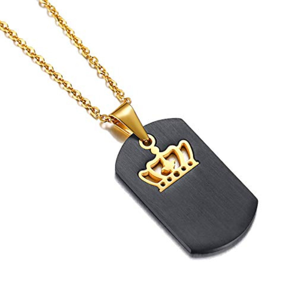 Rockyu ペアネックレス ステンレス ブラック×ゴールド クラウンプレート 男女兼用