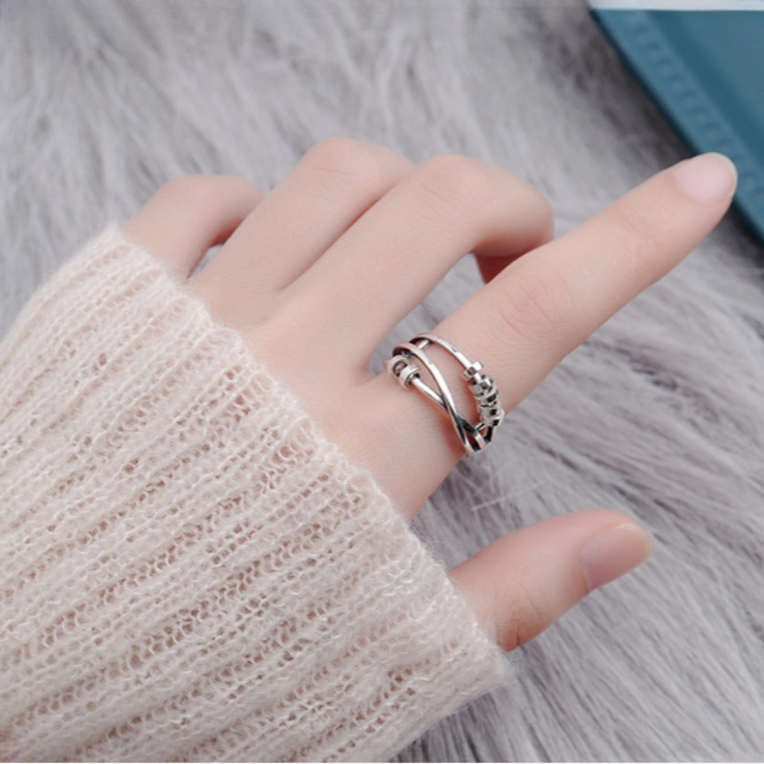 Rockyu フリーサイズ回転リング レディース S925シルバー ストレス軽減リング 個性的デザイン