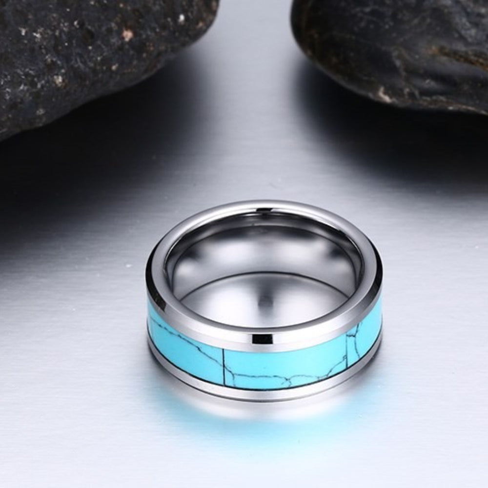 Rockyu タングステン 8mm ターコイズインレイリング メンズ レディース 幅広 ユニセックス