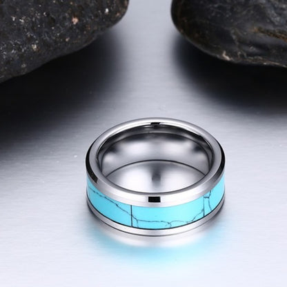 Rockyu タングステン 8mm ターコイズインレイリング メンズ レディース 幅広 ユニセックス