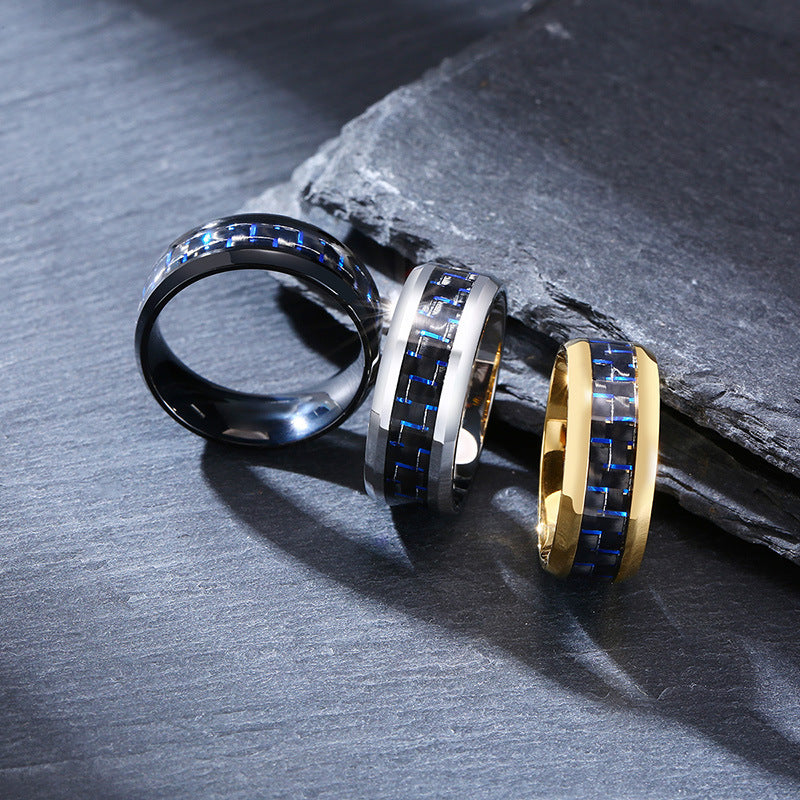 Rockyu メンズリング ステンレス製 炭素繊維チェック＆刻印デザイン シルバー×ブラック