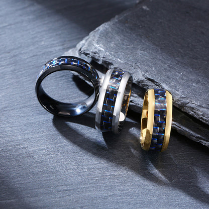 Rockyu メンズリング ステンレス製 炭素繊維チェック＆刻印デザイン シルバー×ブラック