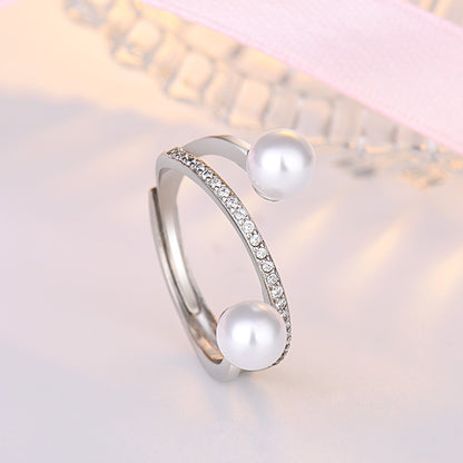 Rockyu シルバーリング 2粒パール＆ジルコニア レディース フリーサイズ指輪