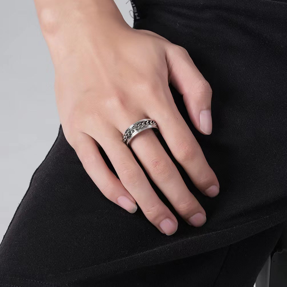 Rockyu メンズ ステンレスチェーンリング 回転式 喜平チェーン ローマ数字デザイン