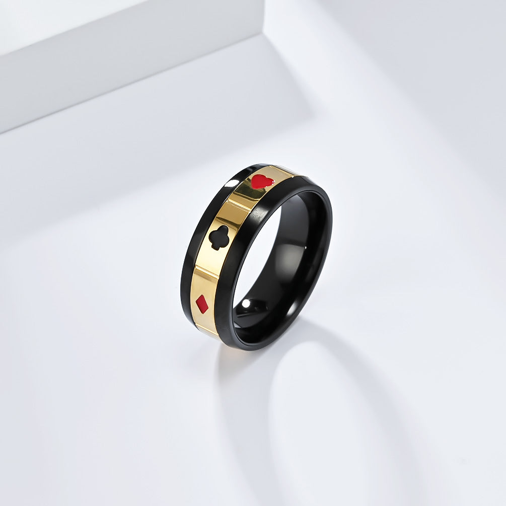 Rockyu トランプスピンリング メンズ ステンレス製 ブラック＆ゴールド