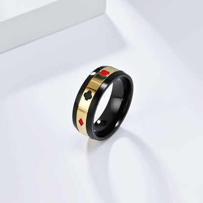 Rockyu トランプスピンリング メンズ ステンレス製 ブラック＆ゴールド