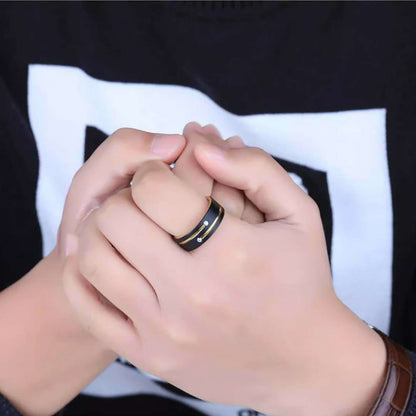 Rockyu タングステンリング メンズ レディース兼用 8mm ブラック＆ゴールド キュービックジルコニア埋込デザイン