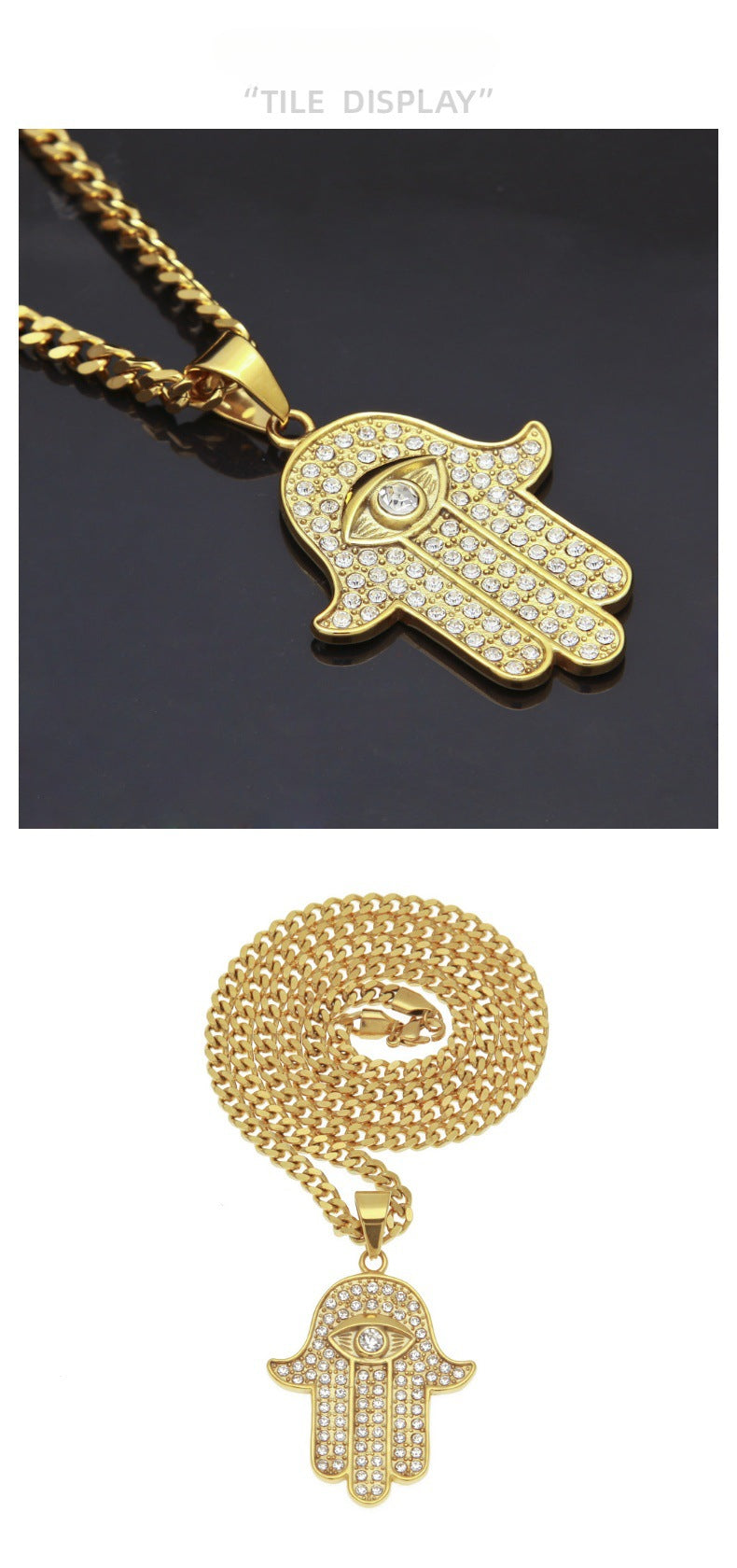 Rockyu ハムサの手ネックレス メンズ ゴールド 18K仕上げ お守りペンダント