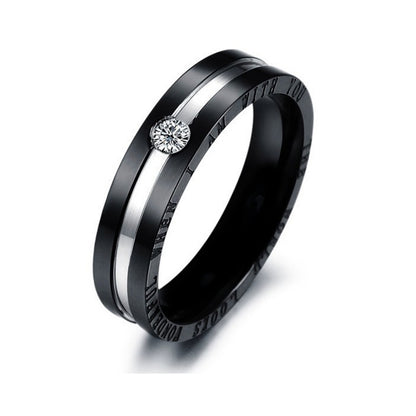 Rockyu ペアリング ステンレス製 一粒ジルコニア付き ブラック＆ピンクゴールドリング