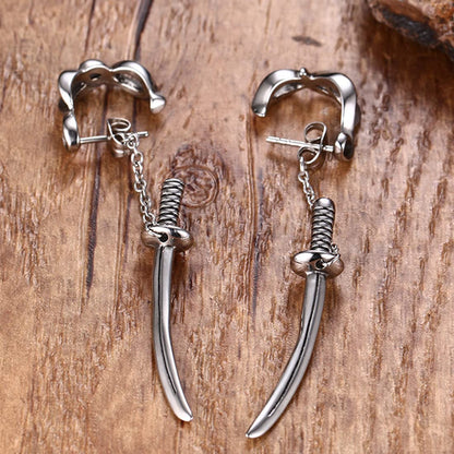 Rockyu メンズピアス シルバー 刀モチーフ チェーン付き チタン製 個性派スタッド