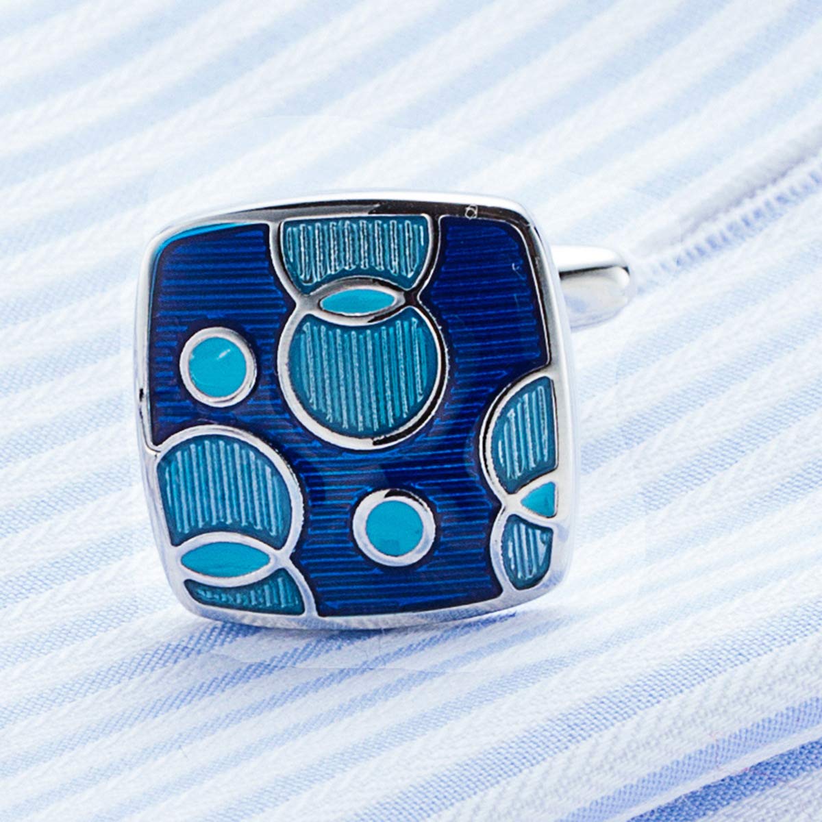 Rockyu ネクタイピン＆カフスセット メンズ シルバー ブルー幾何学模様 ビジネス・結婚式用 ギフト