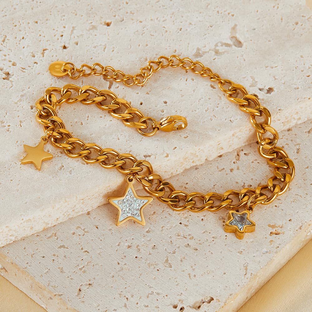 Rockyu ブレスレット レディース ゴールド 星型チャーム ジルコニア付き ステンレスチェーン