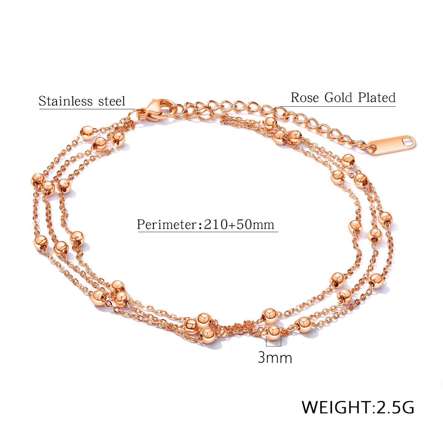 Rockyu アンクレット レディース ステンレス 多層チェーン ビーズ付き ローズゴールド/シルバー/ゴールド 調整可能