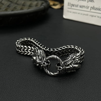 Rockyu ブレスレット メンズ シルバー 龍モチーフ 二層チェーン ステンレス 金属アレルギー対応
