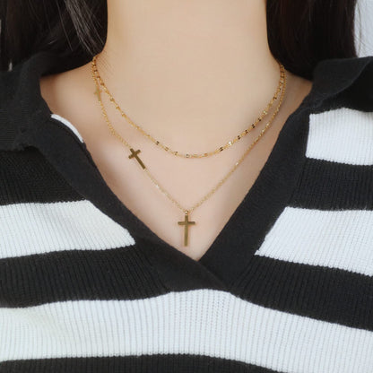 Rockyu クロスネックレス レディース 二連 チタン鋼 ゴールド チョーカースタイル