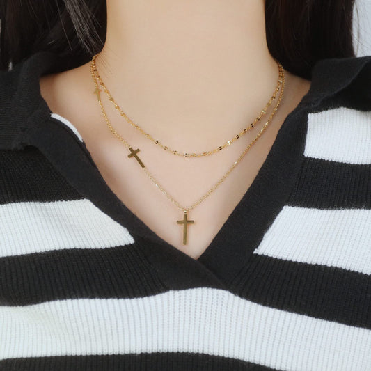 Rockyu クロスネックレス レディース 二連 チタン鋼 ゴールド チョーカースタイル