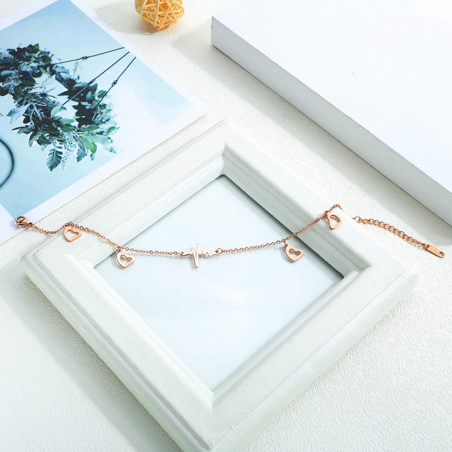 Rockyu アンクレット レディース ピンクゴールド 18K チタン 心電図 ハート 細身チェーン