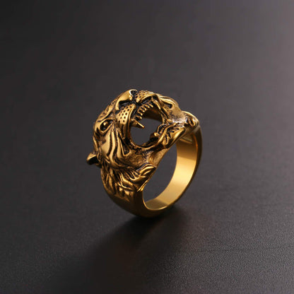 Rockyu 虎ヘッドリング｜18金メッキ×ステンレス製 タイガーデザイン メンズ指輪