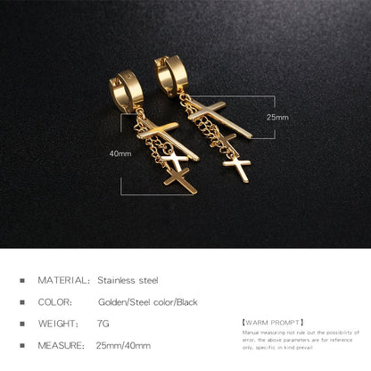 ダブルクロスピアス｜ステンレス製フープチェーンピアス｜ユニセックス・ヒップホップ風