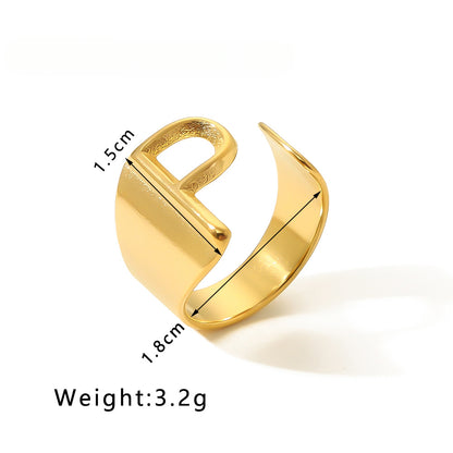 Rockyu イニシャルリング A〜Z選べる 太めゴールド フリーサイズステンレス指輪