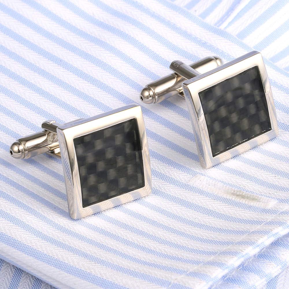 Rockyu メンズカフス カーボン調 正方形デザイン シルバー×ブラック ビジネス＆フォーマル