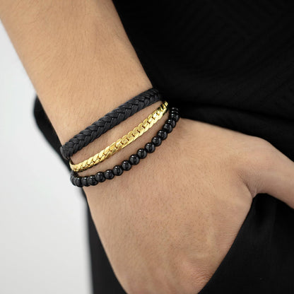 Rockyu メンズ 3連ブレスレット 喜平チェーン×ビーズ×編み込みレザー ゴールド×ブラック ステンレス 金属アレルギー対応