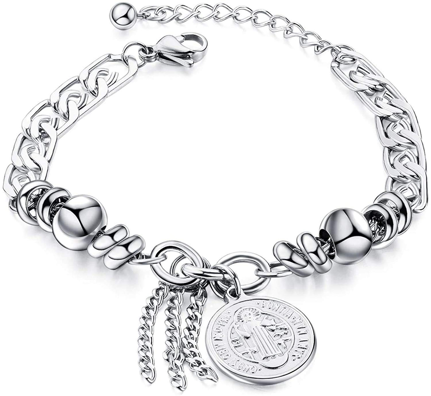 Rockyu レディースブレスレット シルバー チタン 円珠 コイン刻印 トーテム 御守風