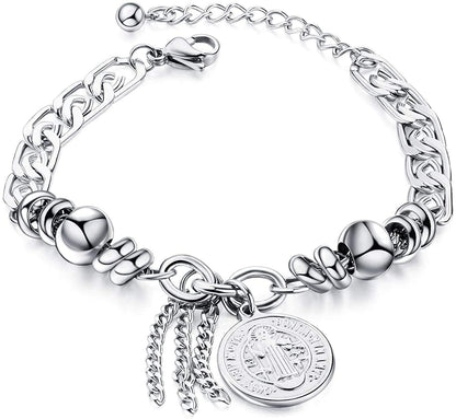 Rockyu レディースブレスレット シルバー チタン 円珠 コイン刻印 トーテム 御守風