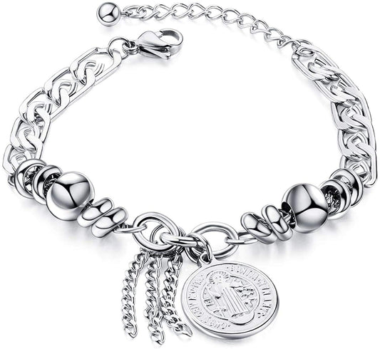 Rockyu レディースブレスレット シルバー チタン 円珠 コイン刻印 トーテム 御守風