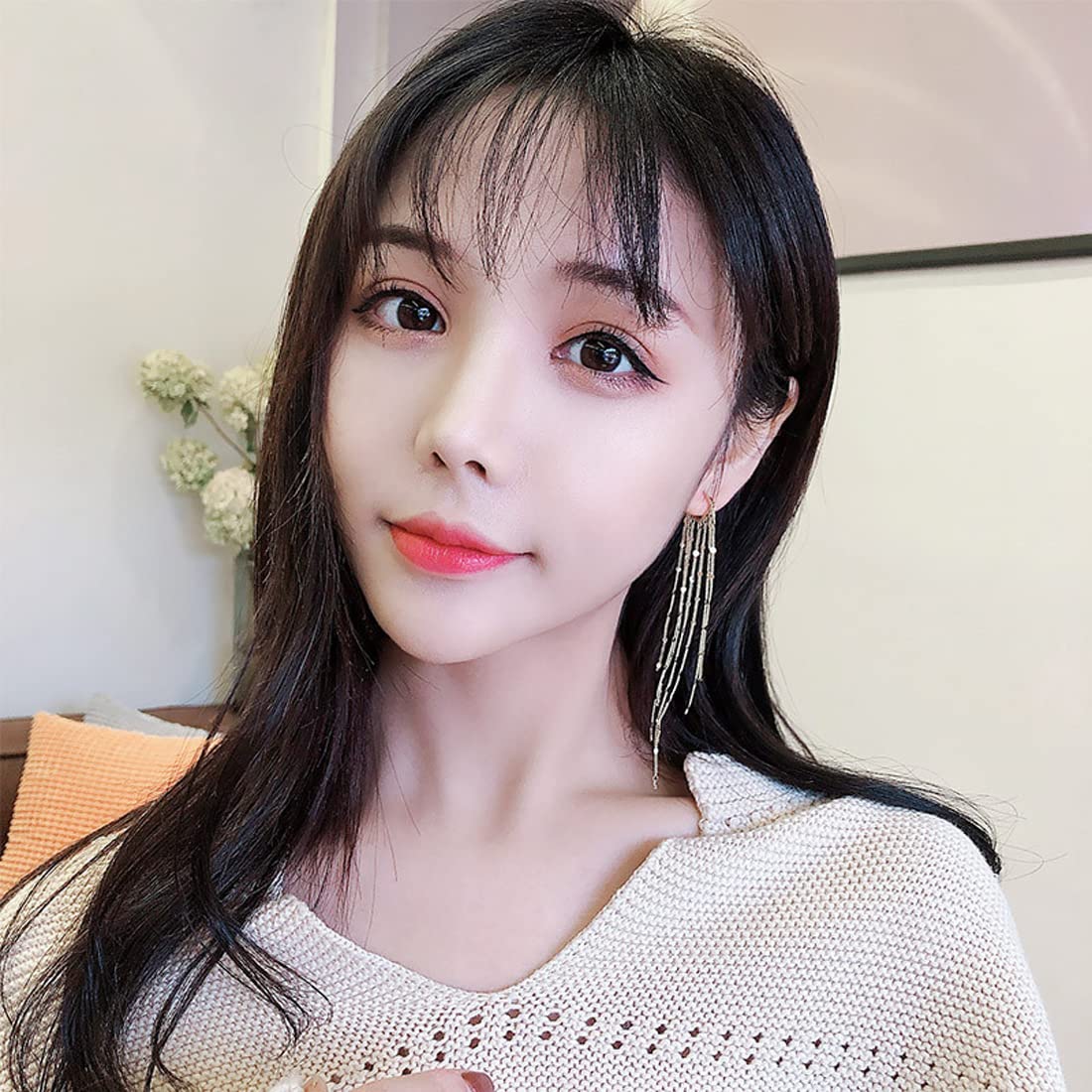 Rockyu フリンジフープピアス レディース ロング 揺れる 18金メッキ 小顔効果 アレルギー対応