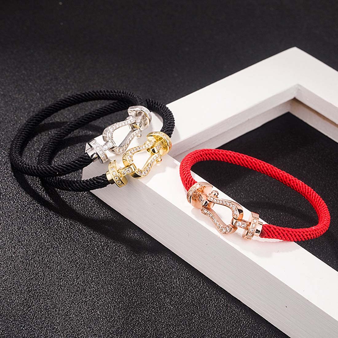 Rockyu ブレスレット レディース メンズ 馬蹄形 ジルコニア 編み込み ステンレス 金属アレルギー対応