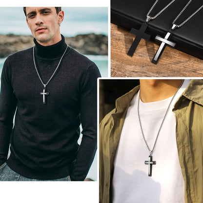Rockyu ステンレス 二重構造クロス メンズネックレス ブラックIPメッキ