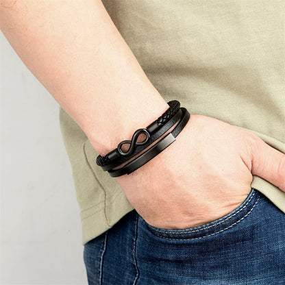 Rockyu ブレスレット メンズ 無限シンボル 8字モチーフ 編み込みレザー ステンレス ブラック シンプル おしゃれ カジュアル ギフト